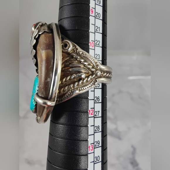 Zuni Sterling Silver Ring Size 11 Turquoise, Coral Bennie Bowekaty - Picture 10 of 12